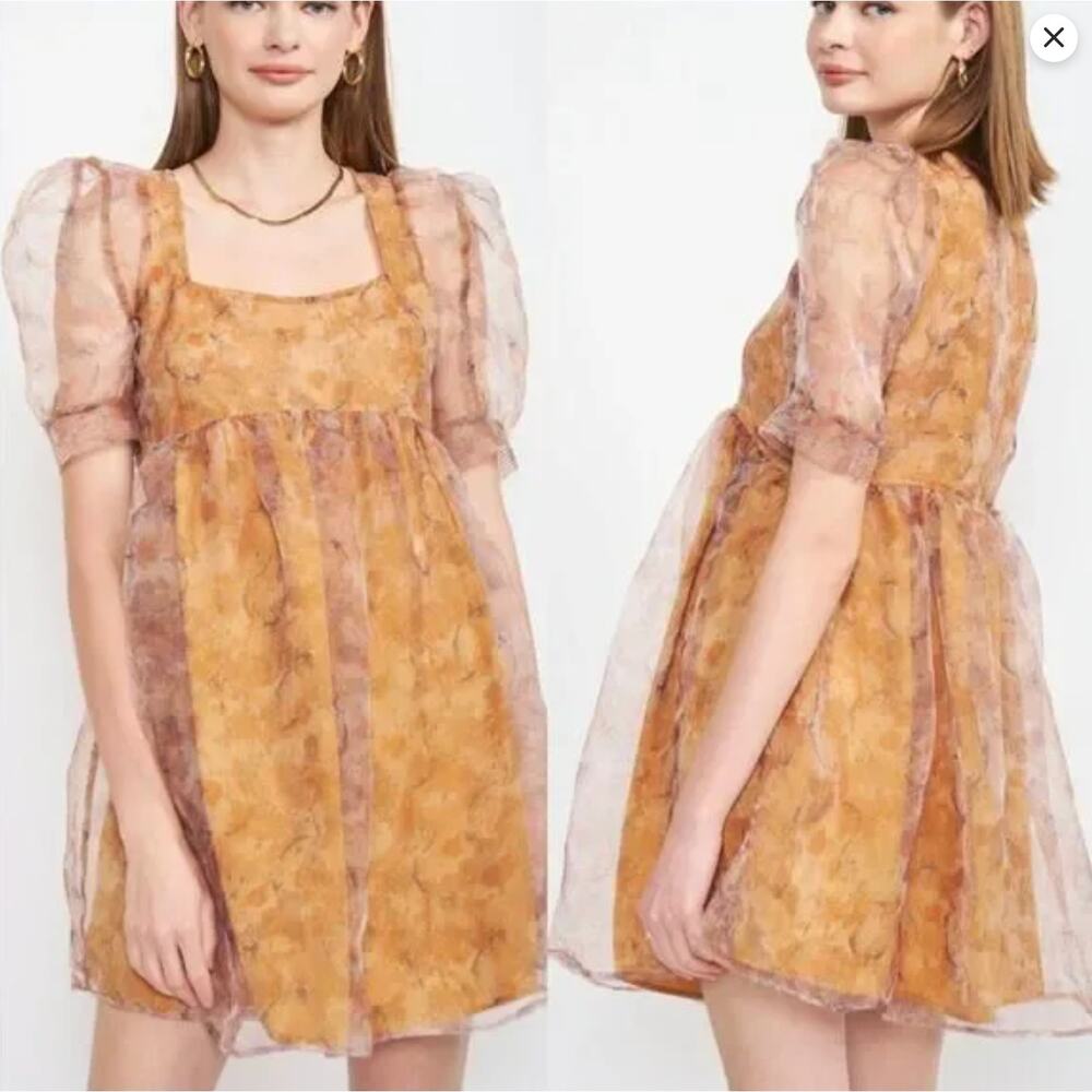 En Saison La Raque Mini Dress Marigold Multi Puff Sleeve Babydoll Size M